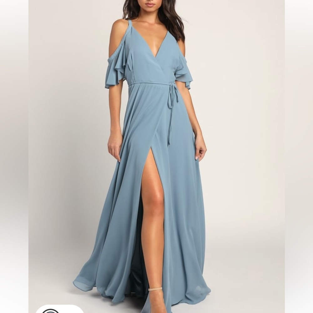 Lulu’s Easy listening slate blue cold shoulder wrap maxi dress *worn once*